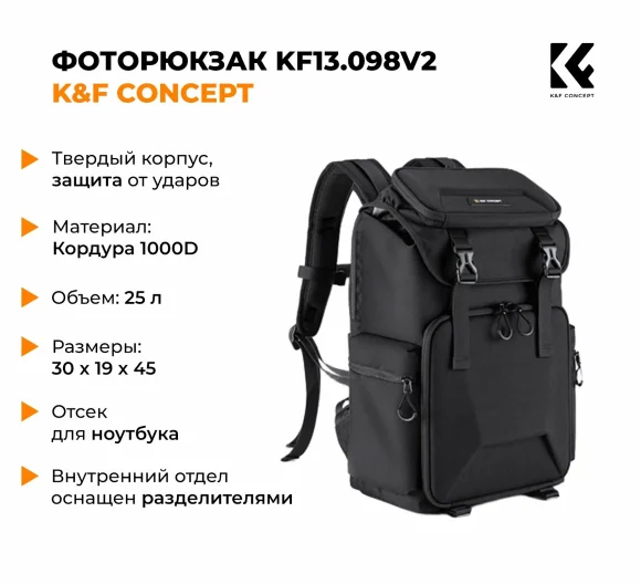 Рюкзак для фотоаппарата и объективов с отделением для ноутбука K&F Concept KF13.098V2 Рюкзак для фотоаппарата и объективов с отделением для ноутбука K&F Concept KF13.098V2