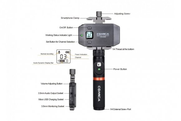 COMICA CVM-WS50H (HTX+RX) UHF 6-канальный Радио микрофон для смартфона COMICA CVM-WS50H (HTX+RX) UHF 6-канальный Радио микрофон для смартфона