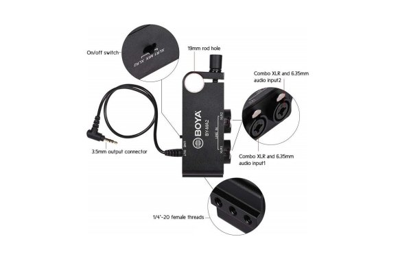 BOYA BY-MA2 Универсальный двуканальный аудио микшер BOYA BY-MA2 Универсальный двуканальный аудио микшер