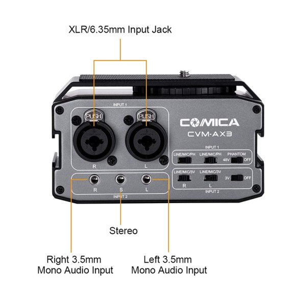 COMICA CVM-AX3 Универсальный двуканальный аудио микшер XLR/3,5mm/6,35mm  